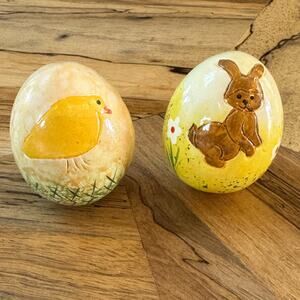 Vintage Pair of Hand-Painted Ceramic Easter Eggs Raised Bunny & Chick Folk Art